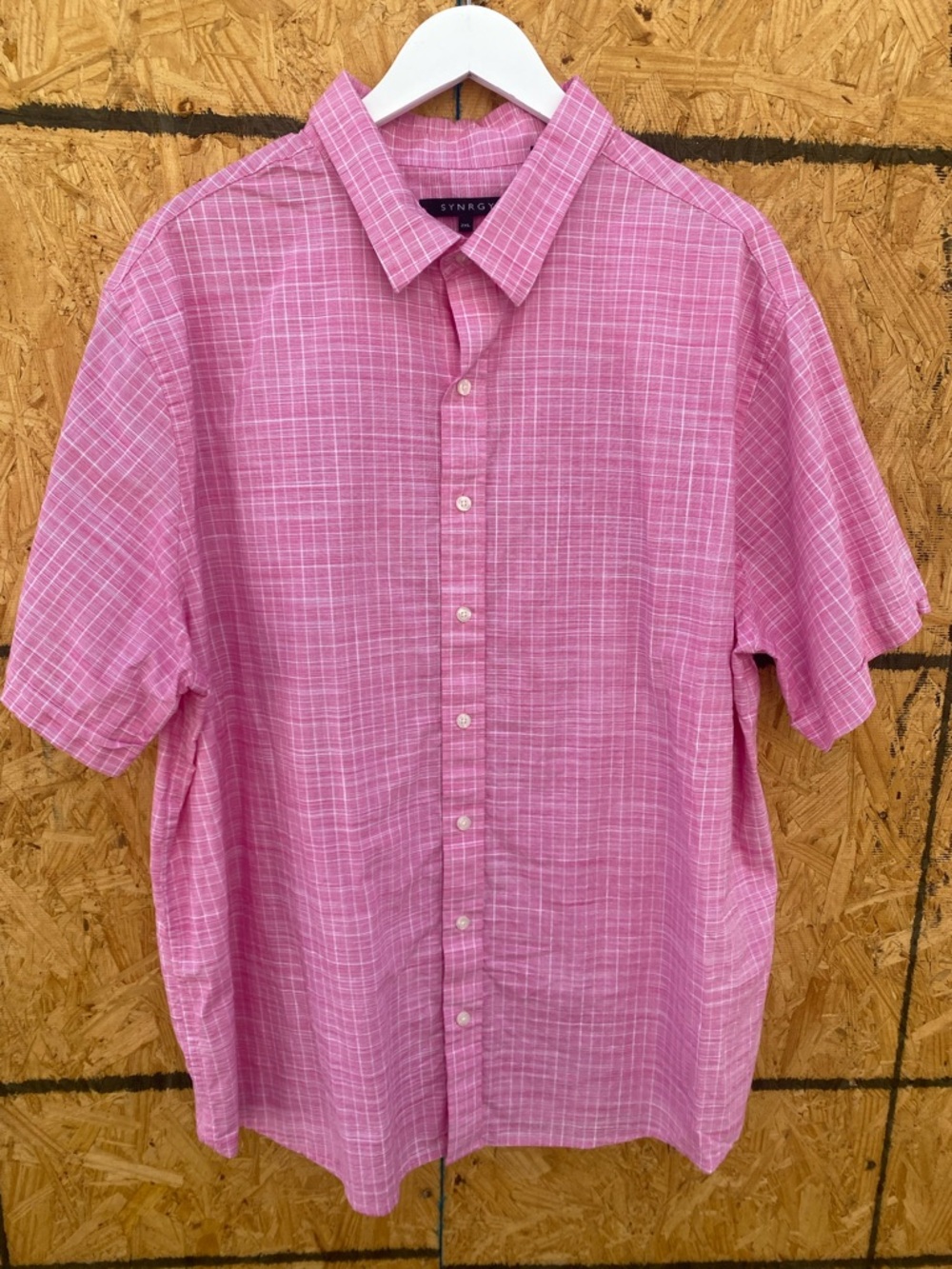 SYNRGY Pink Short-Sleeve Windowpane Button-Down Shirt GUC 2XL